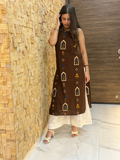 Chocolate Brown Sleeveless Cotton Kurti with Tie-Up Tassels