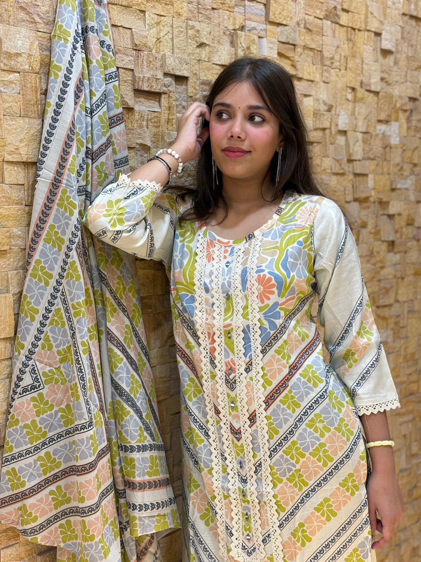 Beige and green Digital Print Cotton Suit Set