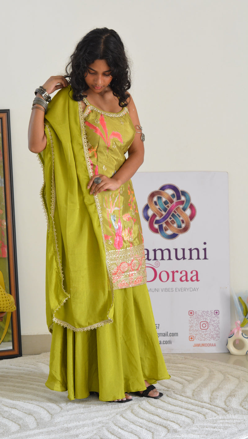 Green Silk Sharara with Embroidery Suit Set