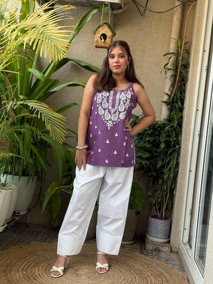 Lavender Noodle Strap Chikankari Short Kurti