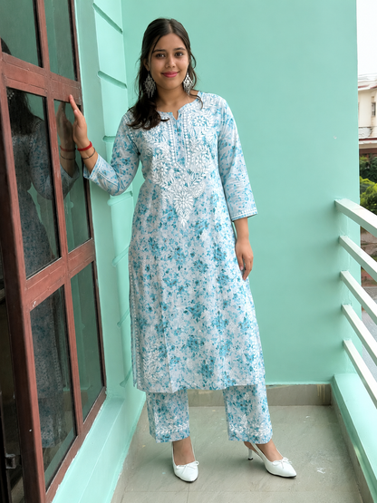 Sea Green Chikankari Malmal Co Ord Set