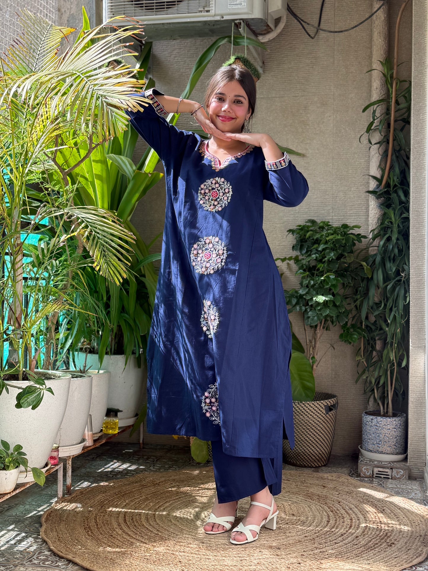 Navy Cotton Embroidery Co Ord Set