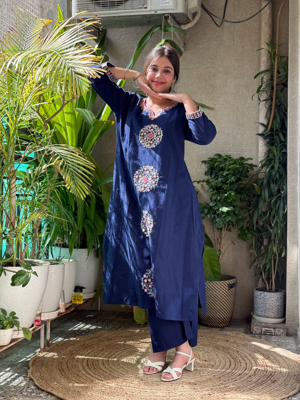 Navy Cotton Embroidery Co Ord Set