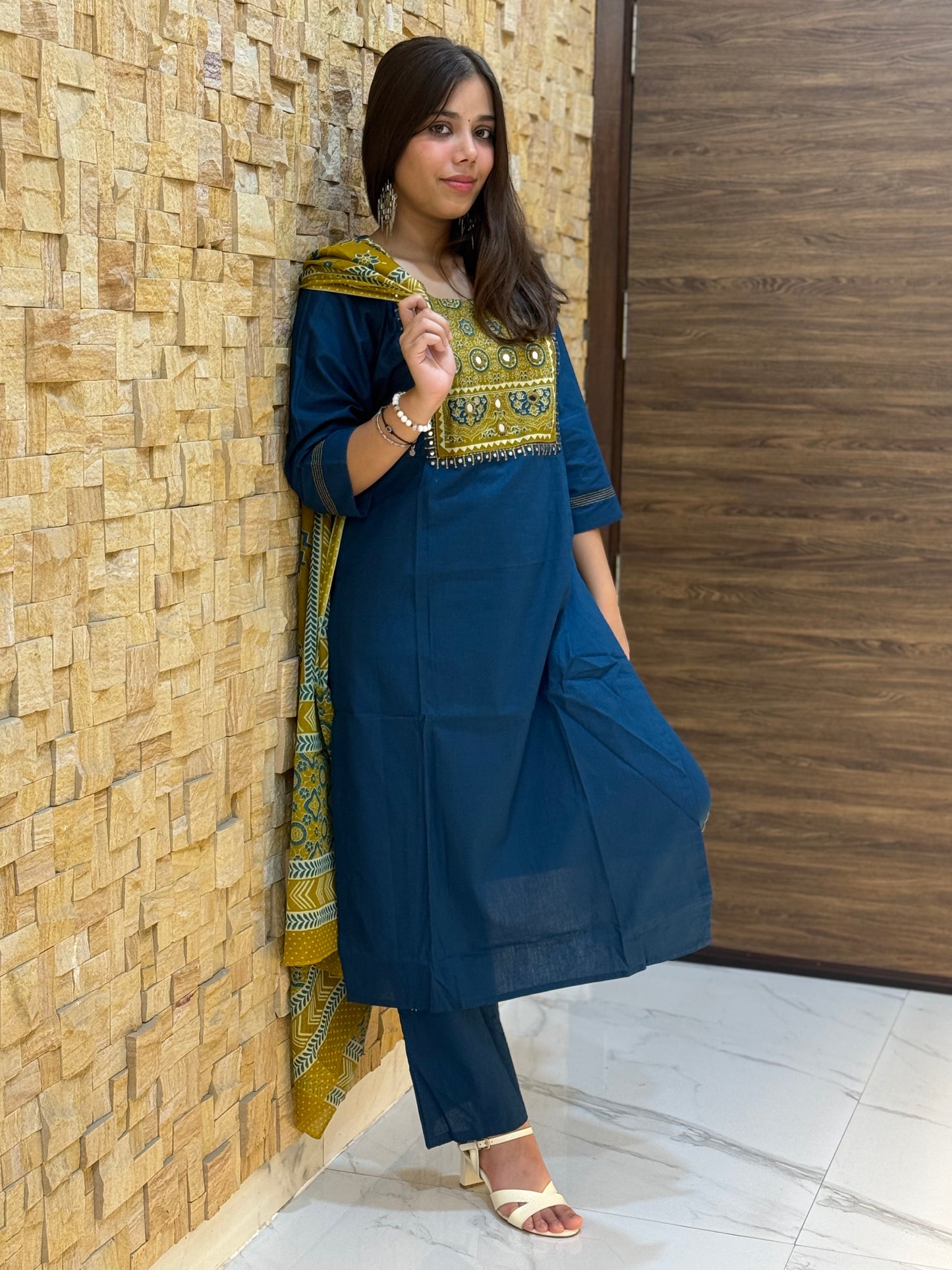 Peacock Blue Ajrakh Cotton Suit Set