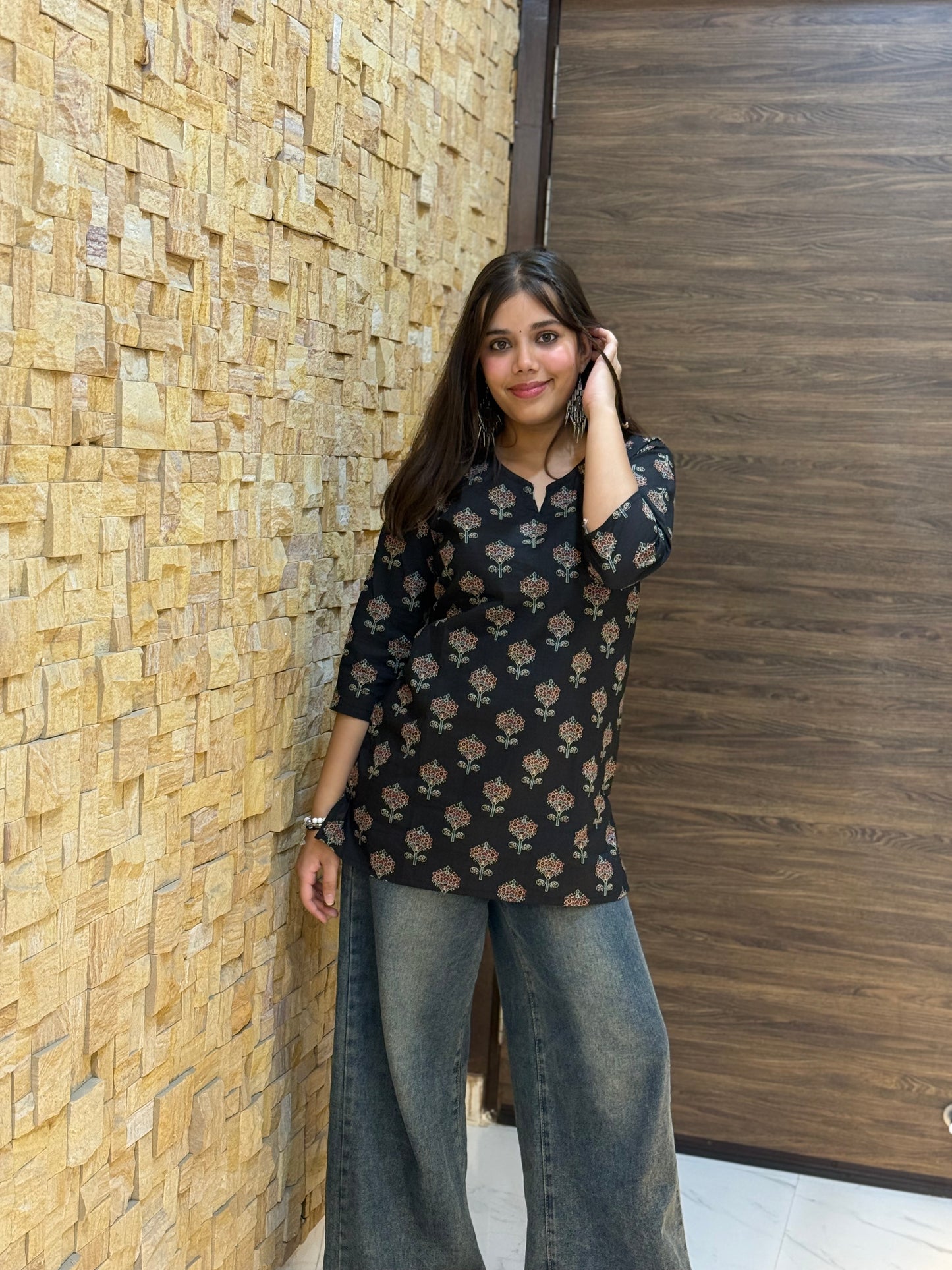Black Floral Print Corset Short Kurti