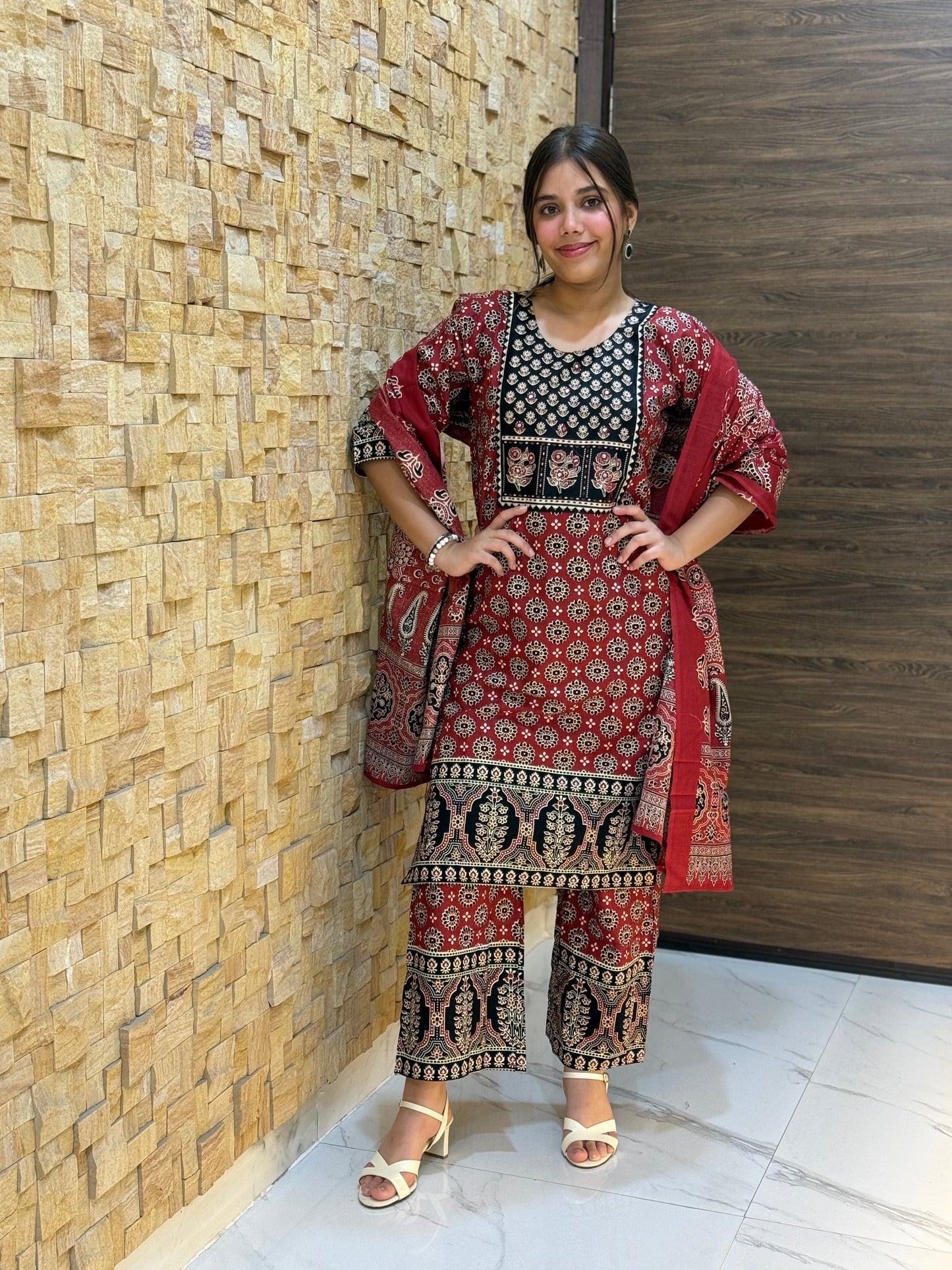 Maroon Ajrakh Cotton Suit Set