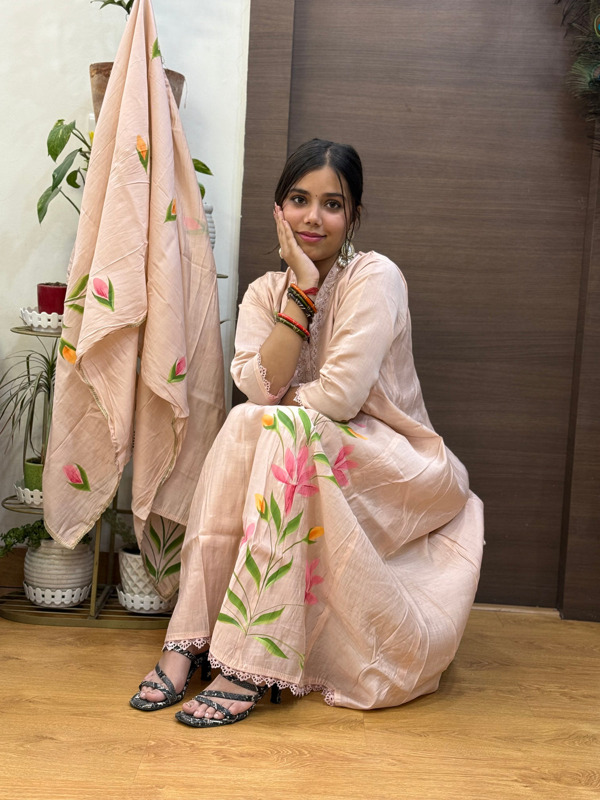 Dusty Pink Mal Chanderi Hand Painted Aline Dupatta Suit Set