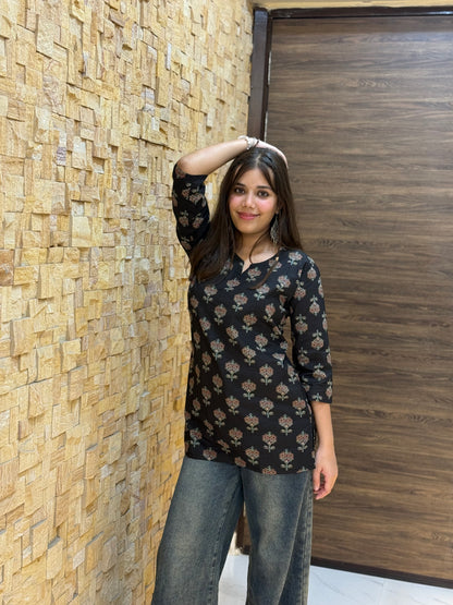 Black Floral Print Corset Short Kurti