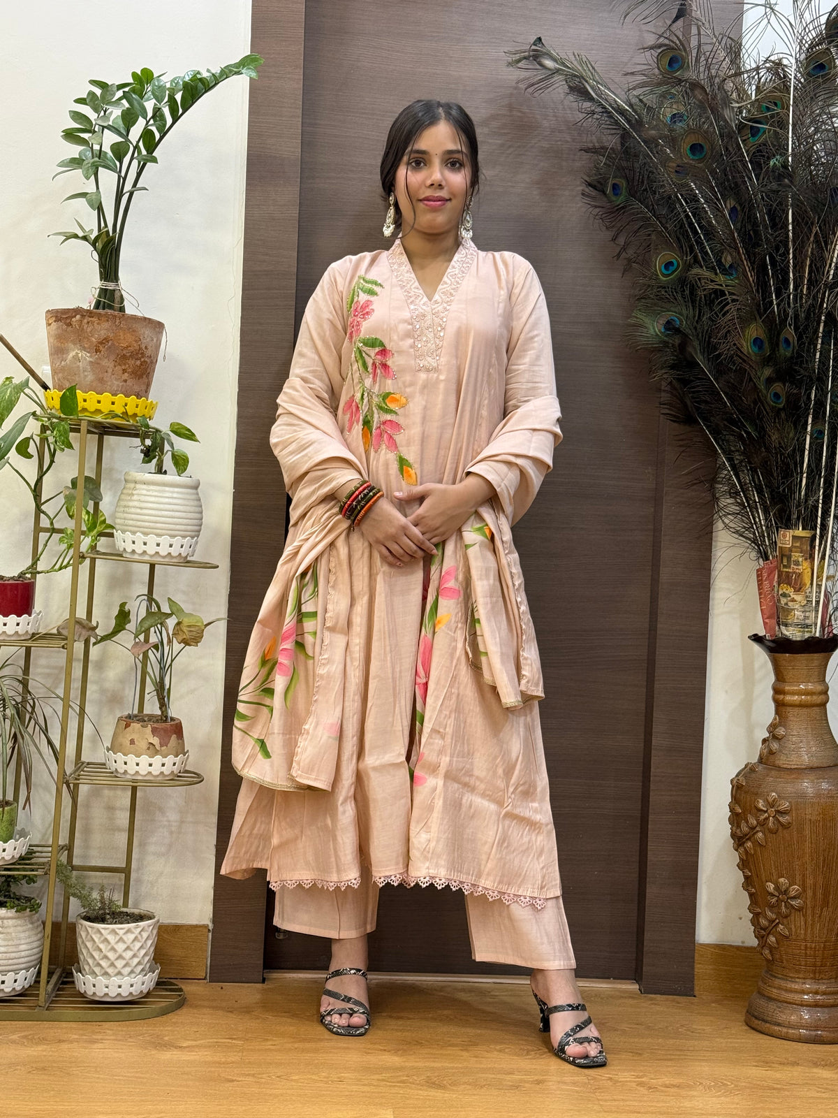 Dusty Pink Mal Chanderi Hand Painted Aline Dupatta Suit Set