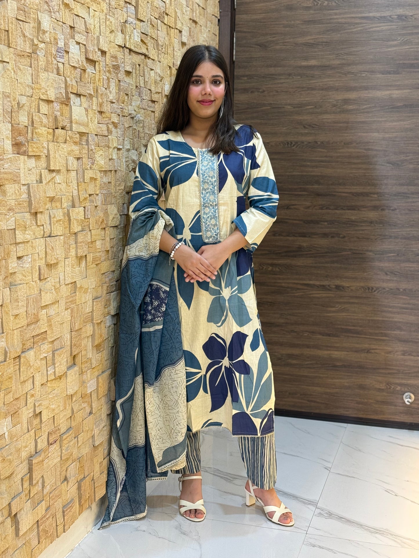 Beige and Blue Flower Print Cotton Suit Set