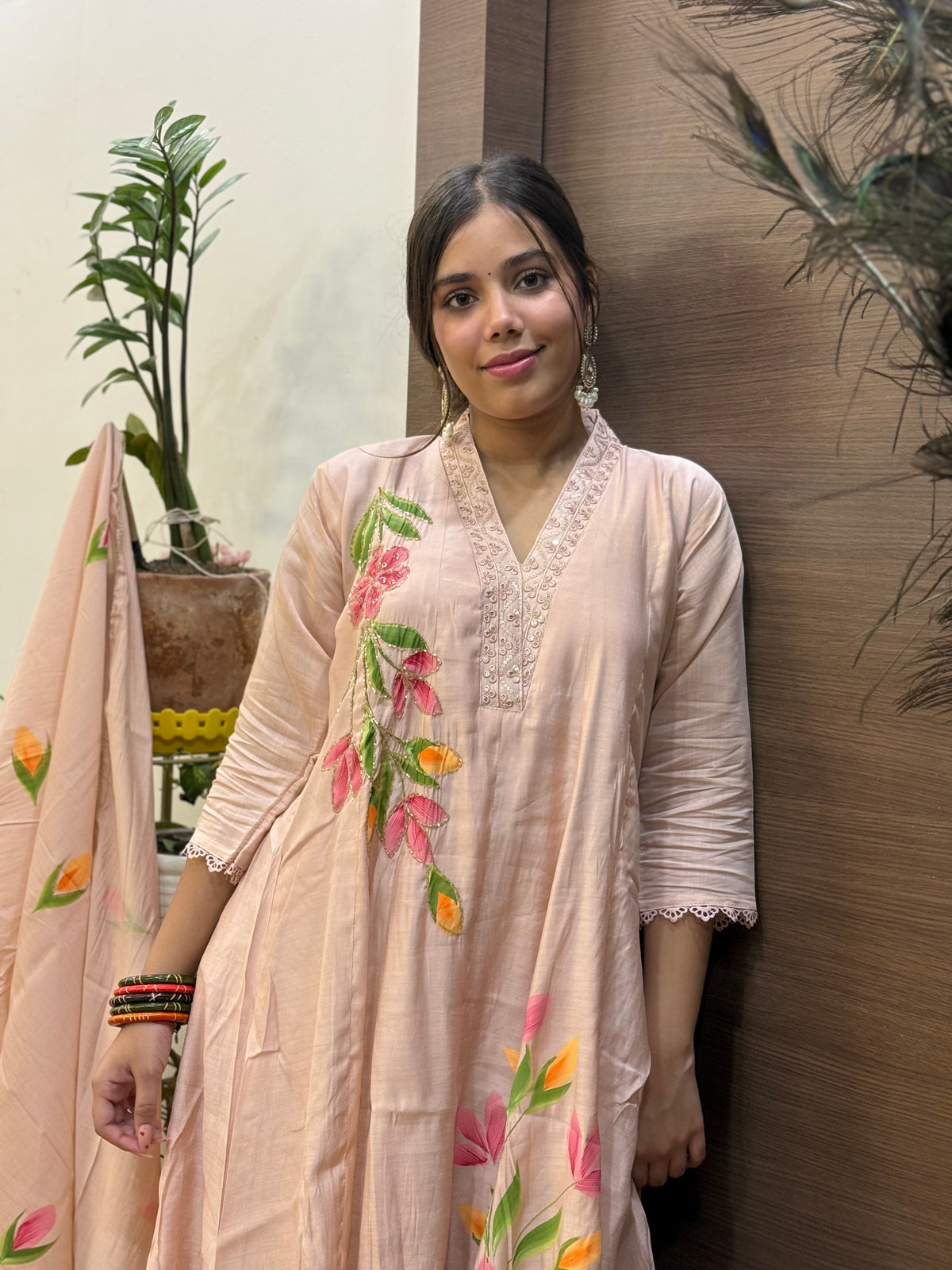 Dusty Pink Mal Chanderi Hand Painted Aline Dupatta Suit Set