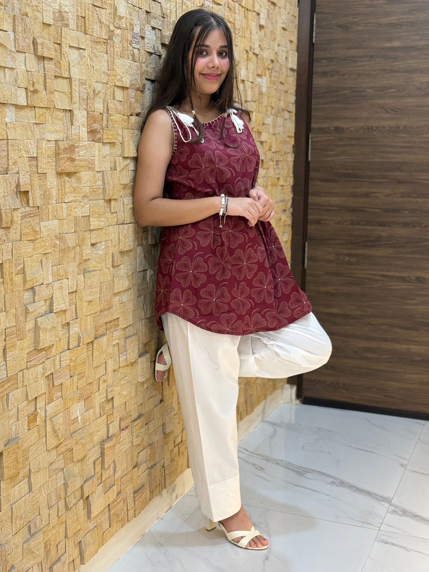 Wine Floral Print with Tie-knot Details Short Kurti
