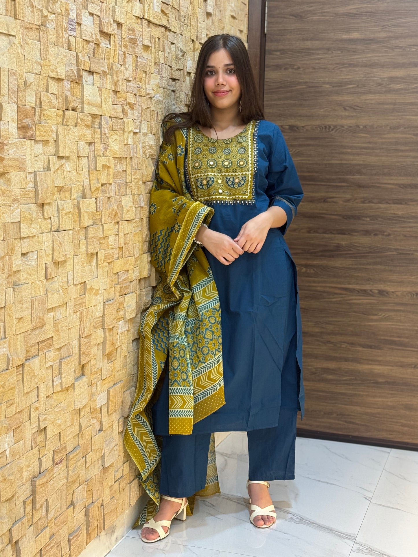 Peacock Blue Ajrakh Cotton Suit Set