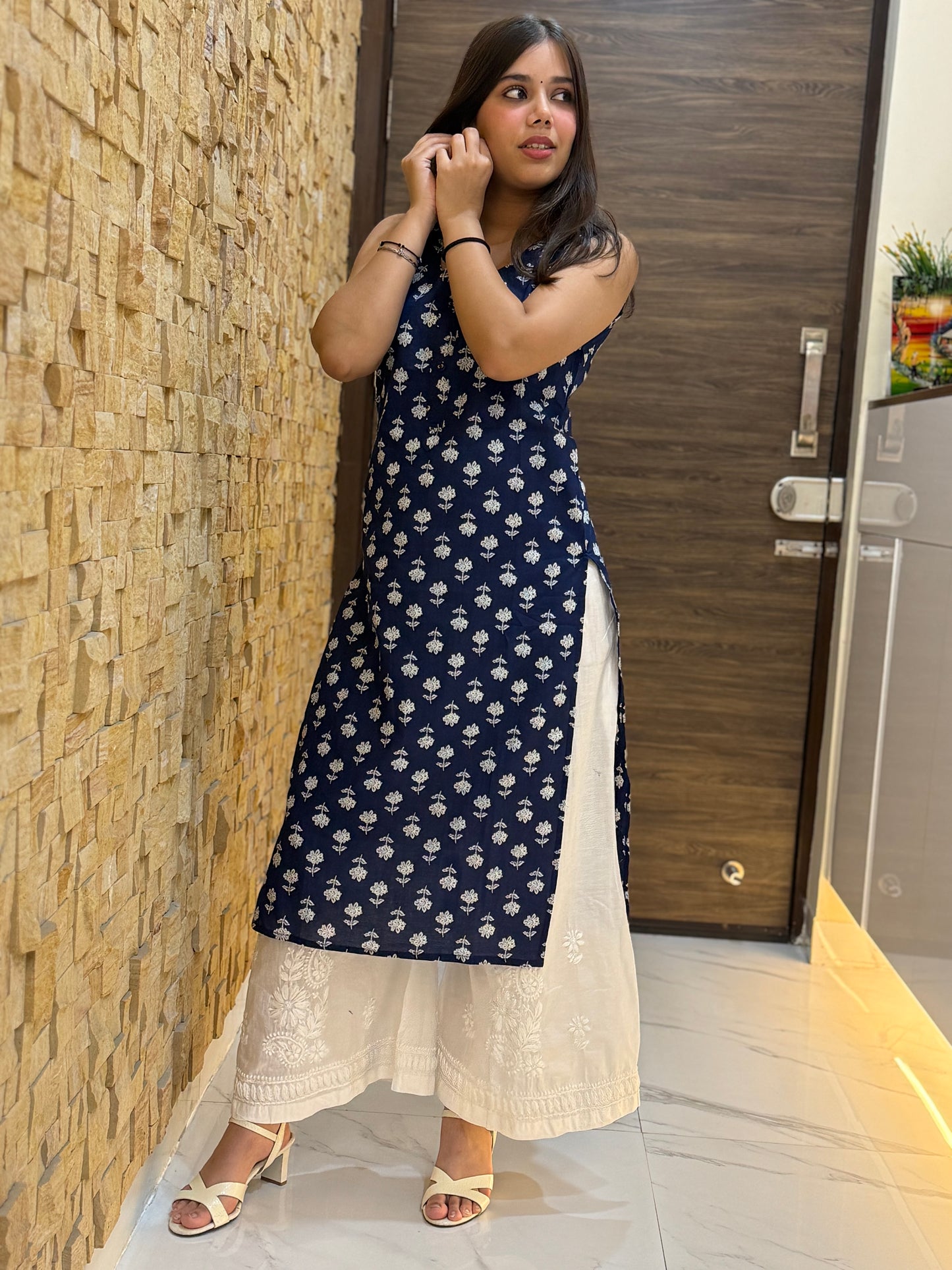 Navy Blue Floral Cotton with Tie-Up Details Kurti