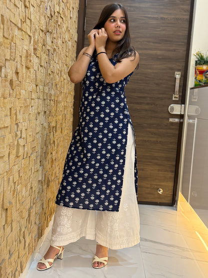 Navy Blue Floral Cotton with Tie-Up Details Kurti