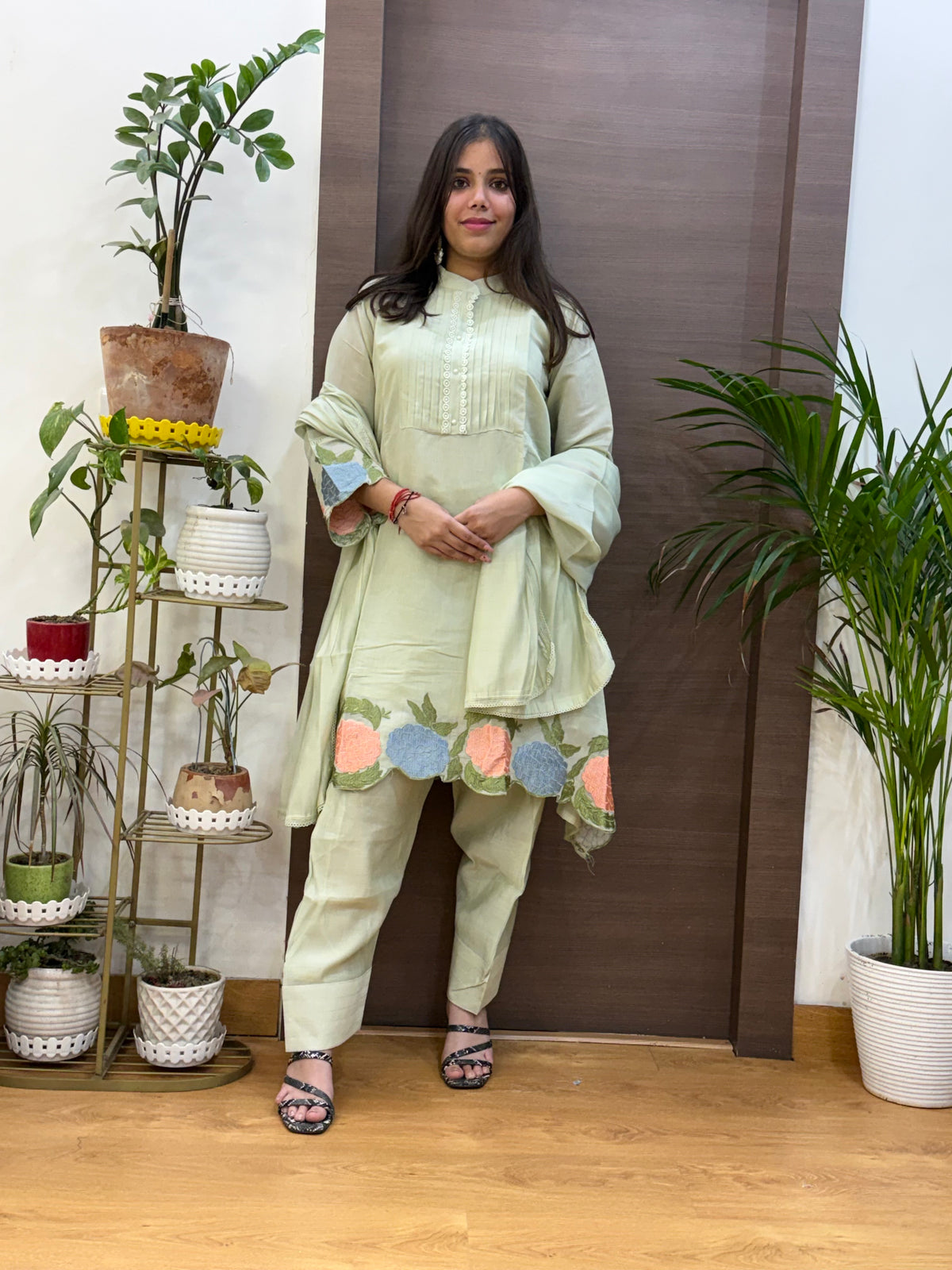 Pista Green Mal Chanderi Pharsi Dupatta Suit Set