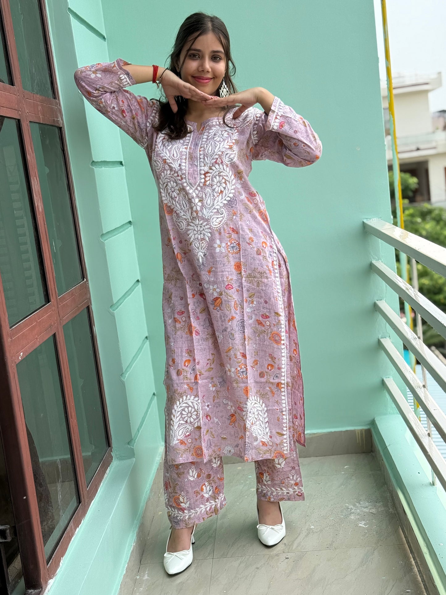 Lavender Chikankari Malmal Co Ord Set