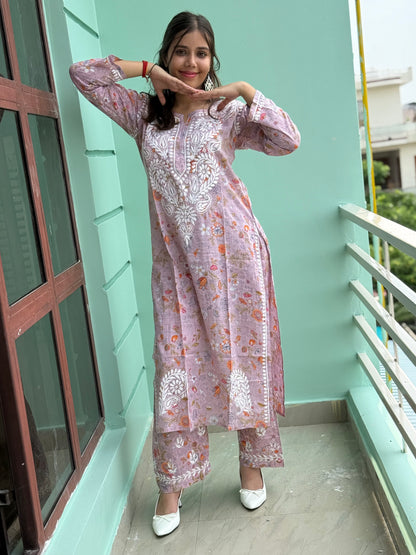 Lavender Chikankari Malmal Co Ord Set