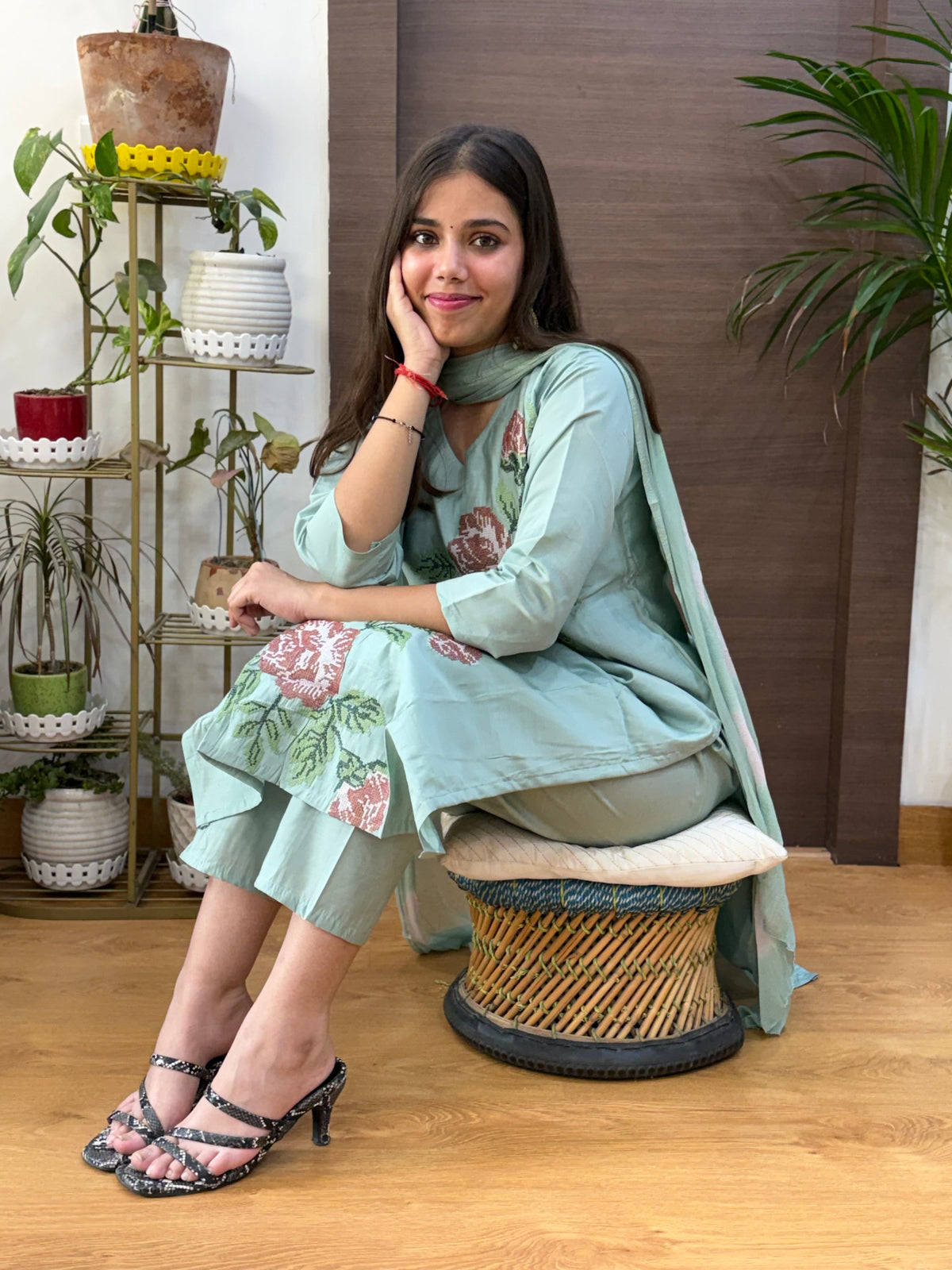Sage Green Silk Sindhi Embroidery Dupatta Suit Set