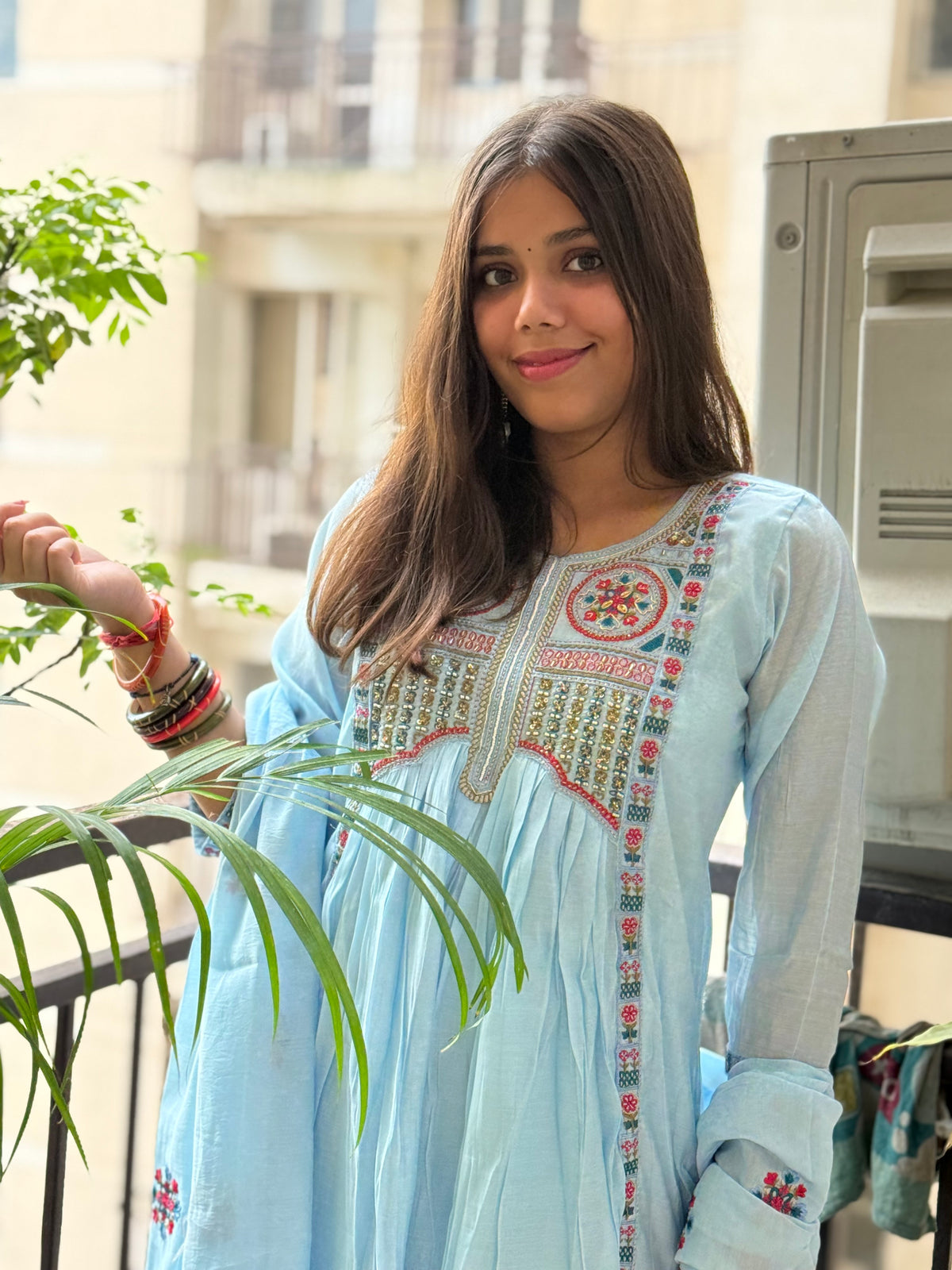Powder Blue Mal Chanderi Aline Dupatta Suit Set