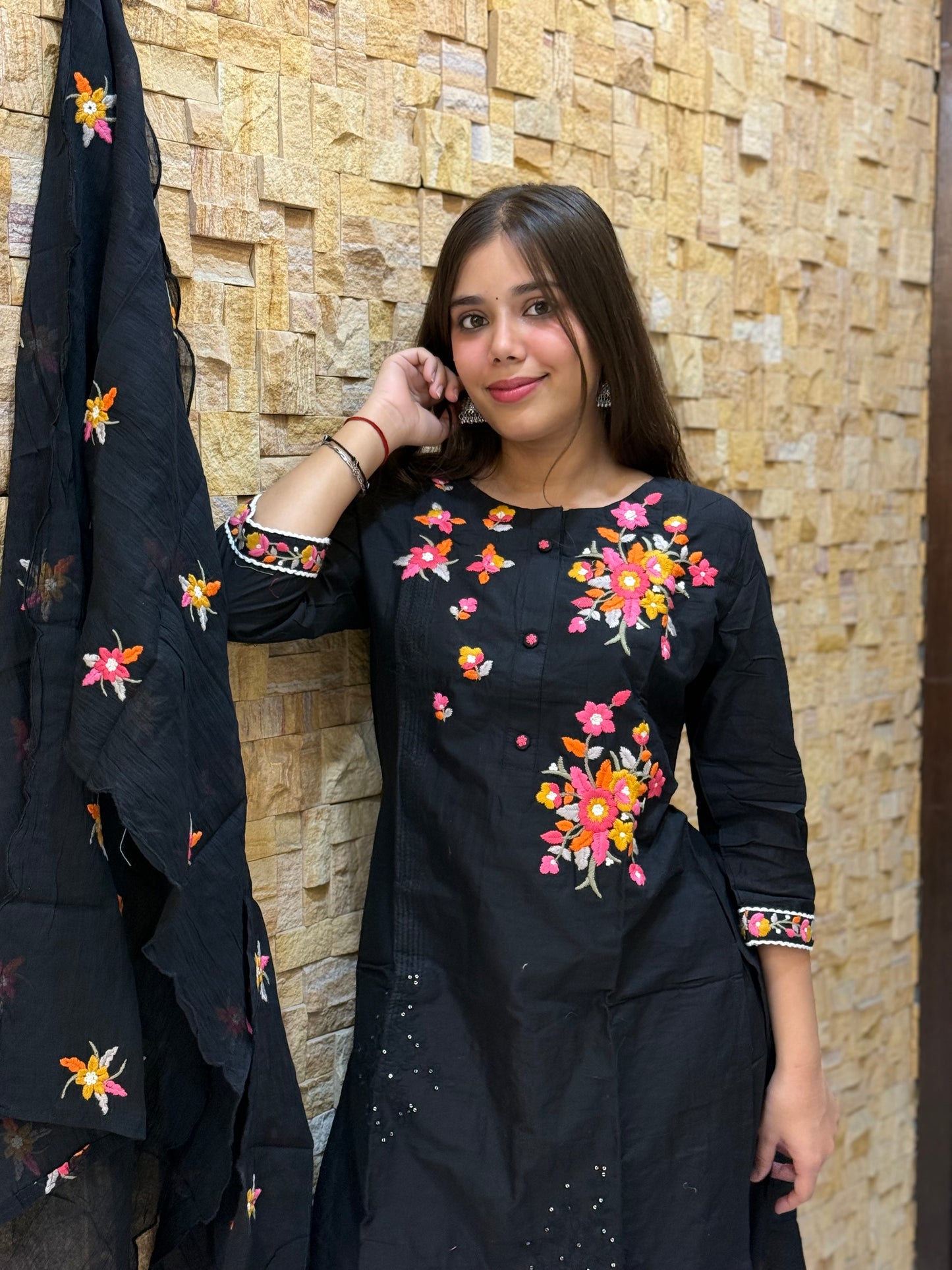 Black Pure Cotton Embroidery with Mal Dupatta Suit Set