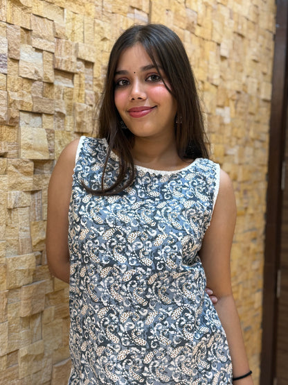 Grey Printed Cotton Sleeveless with Lace Detail Kurti
