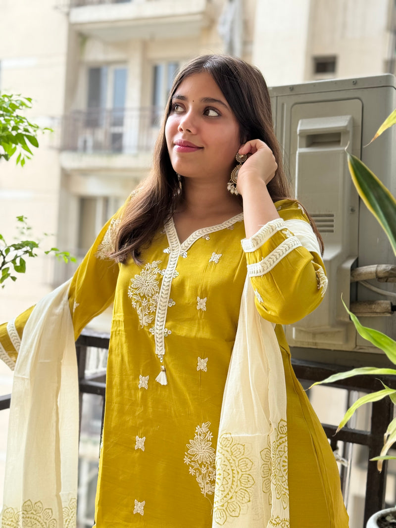 Green Mal Chanderi Palazzo Dupatta Suit Set