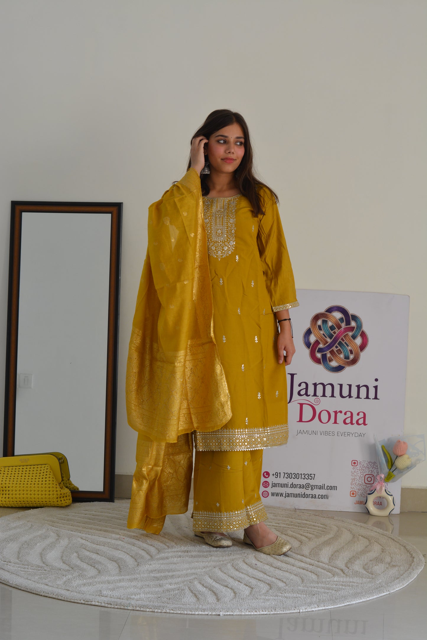 Mustard Shimmer Silk Palazzo with Banarasi Dupatta Suit Set