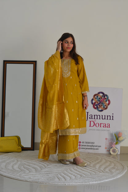 Mustard Shimmer Silk Palazzo with Banarasi Dupatta Suit Set