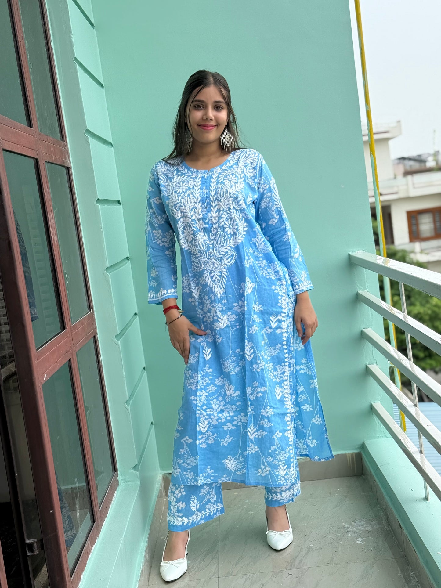 Blue and White Chikankari Malmal Co Ord Set