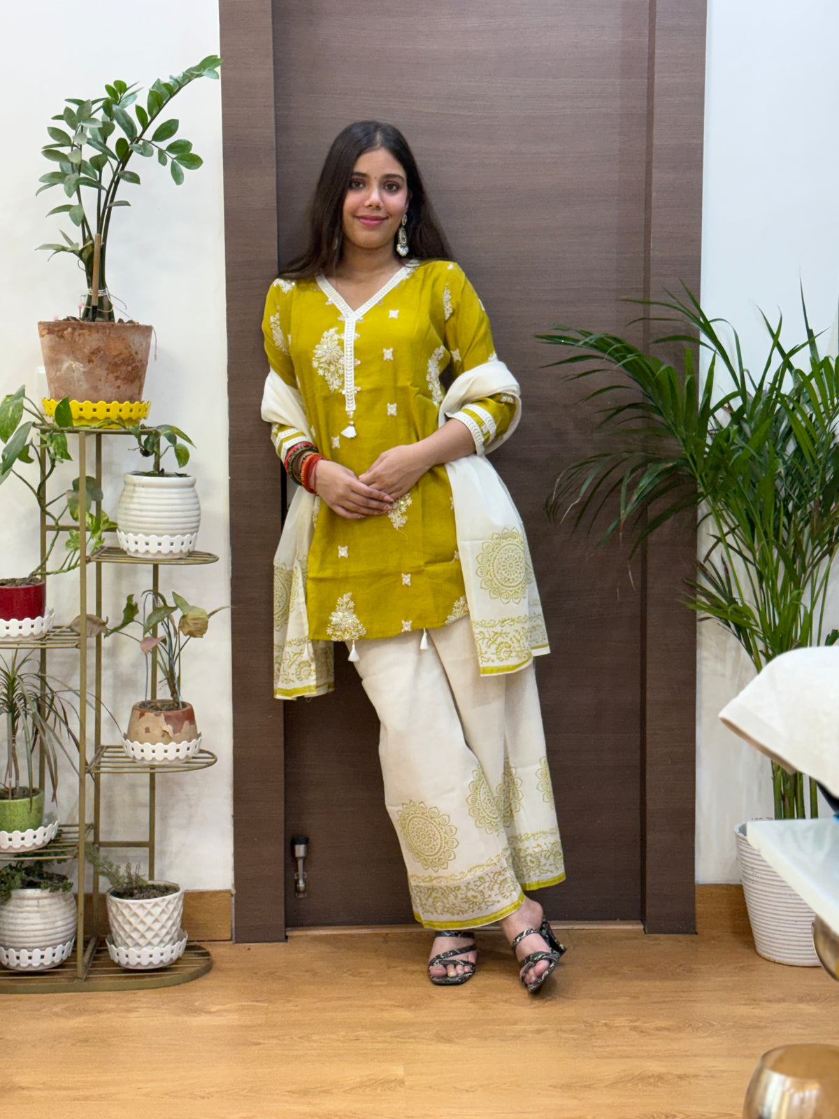 Green Mal Chanderi Palazzo Dupatta Suit Set