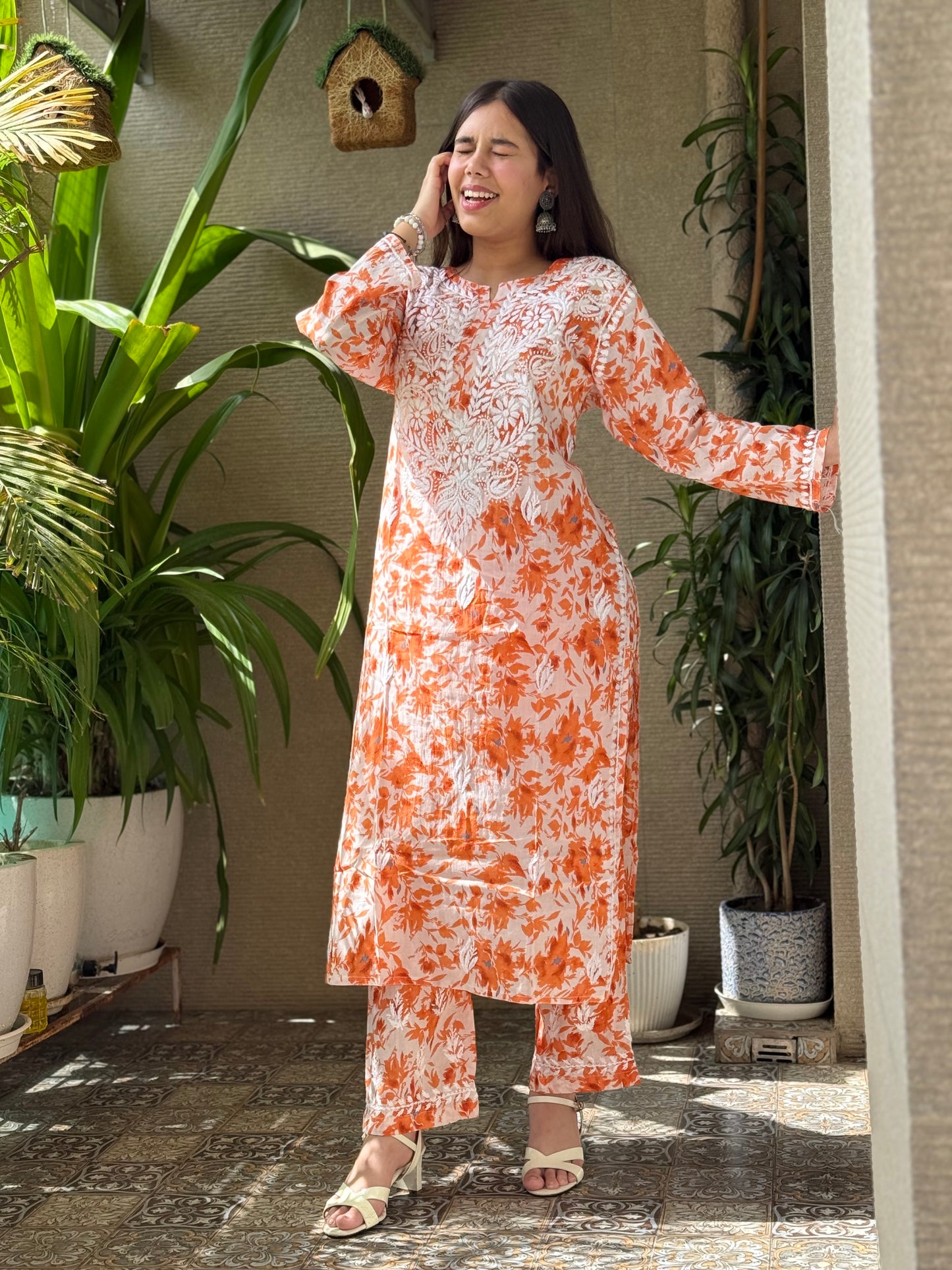 Orange Chikankari Malmal Co Ord Set