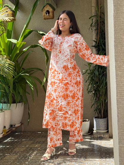 Orange Chikankari Malmal Co Ord Set