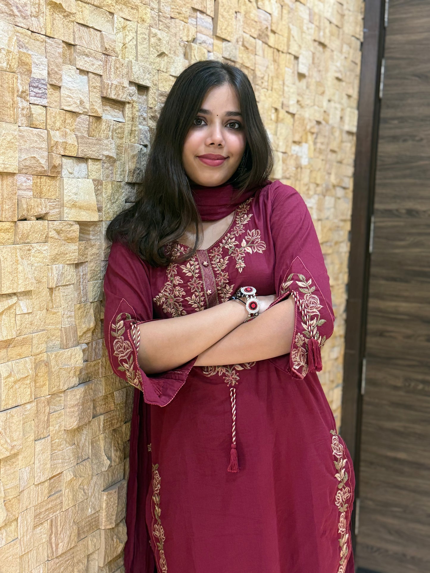 Maroon Pure Cotton Embroidery with Mal Dupatta Suit Set