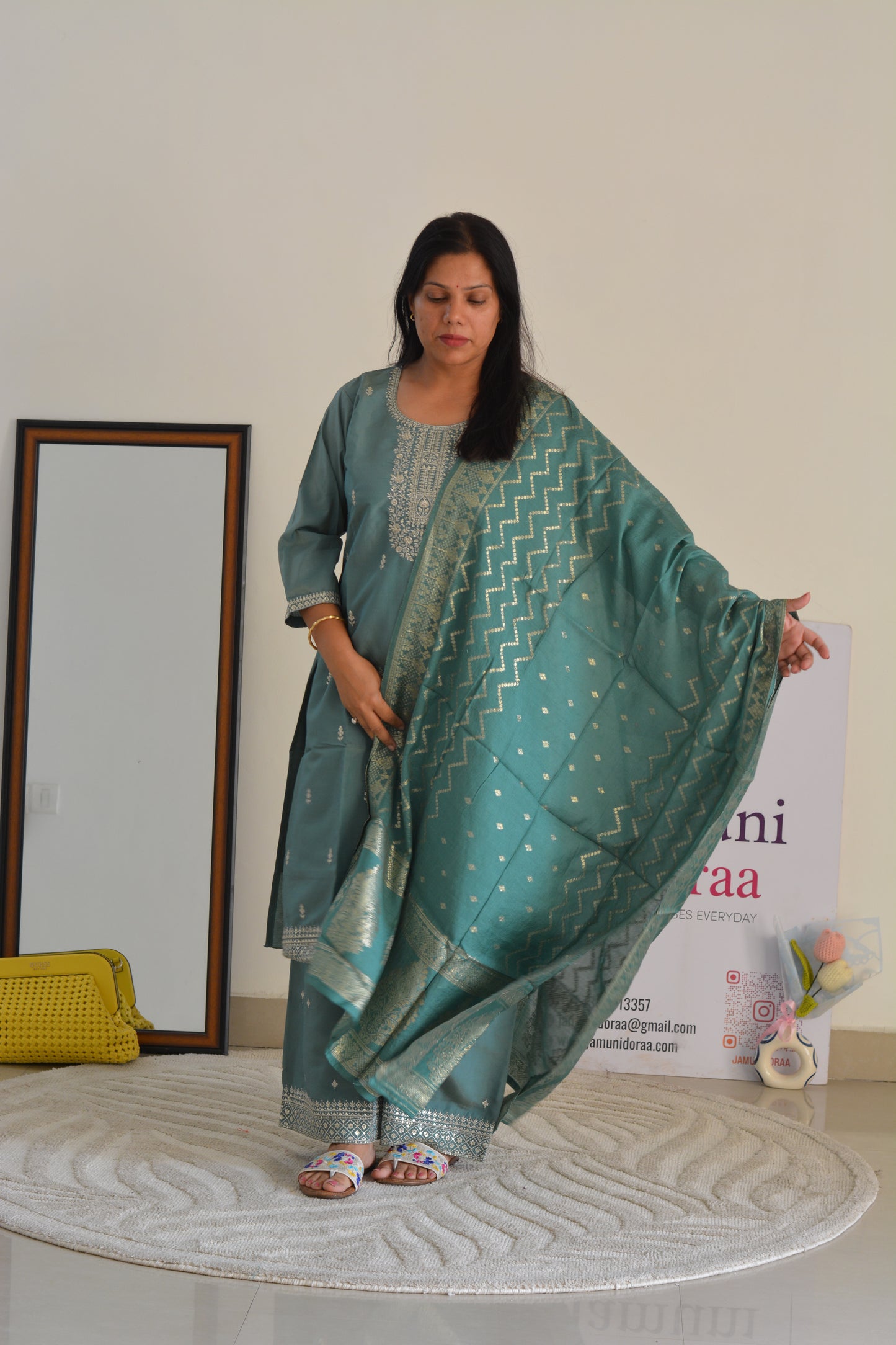 Blue Shimmer Silk Palazzo with Banarasi Dupatta Suit Set
