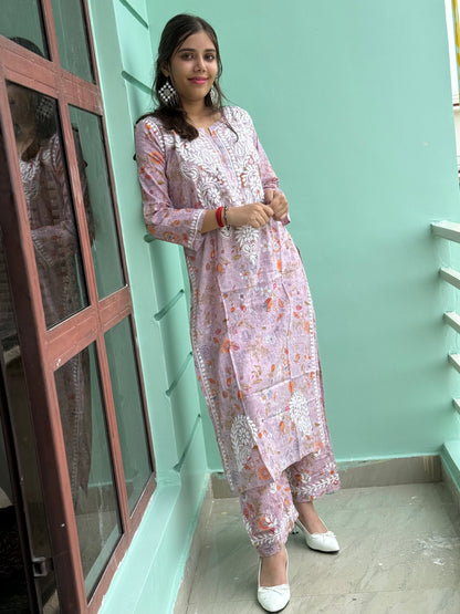 Lavender Chikankari Malmal Co Ord Set