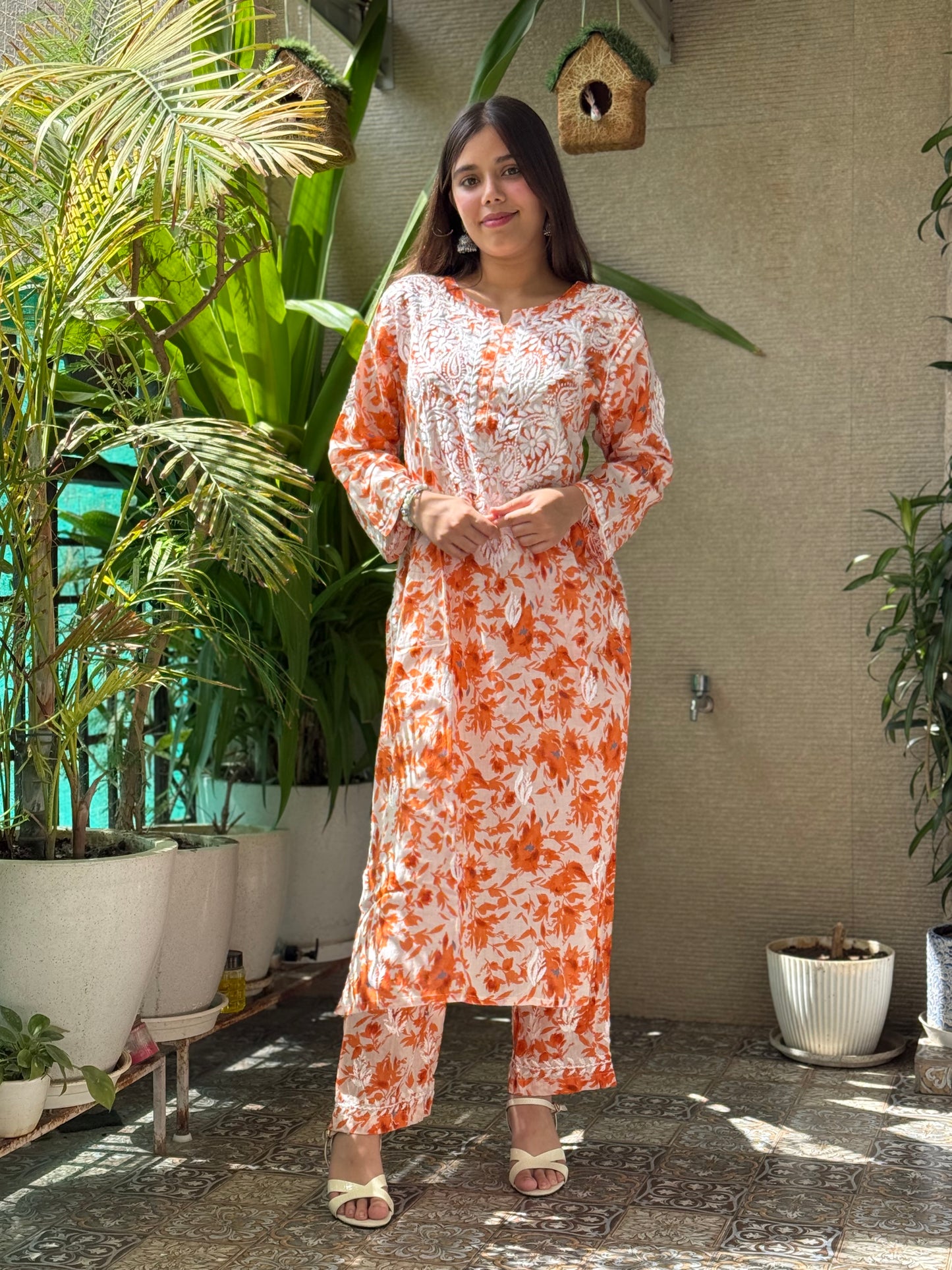 Orange Chikankari Malmal Co Ord Set