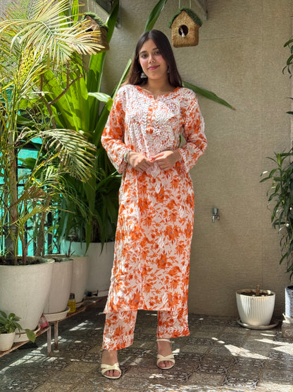 Orange Chikankari Malmal Co Ord Set