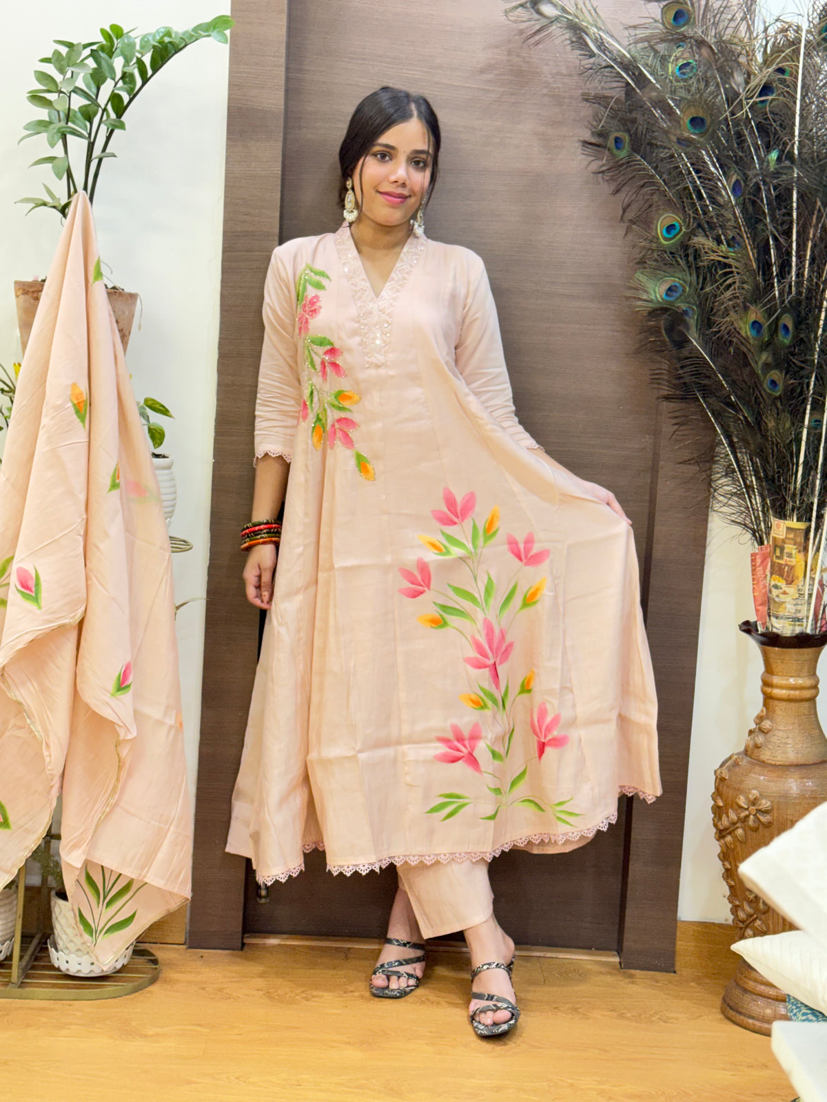 Dusty Pink Mal Chanderi Hand Painted Aline Dupatta Suit Set