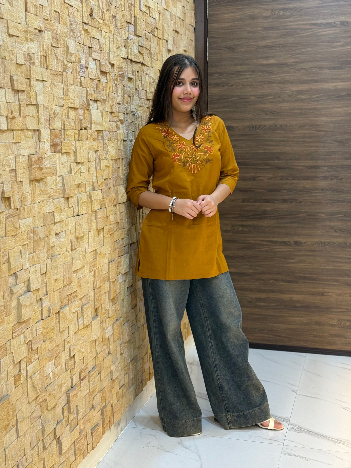 Mustard Cotton with Embroidery Short Kurti