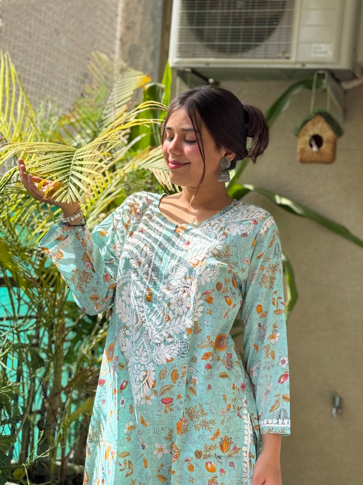 Turquoise Chikankari Malmal Co Ord Set