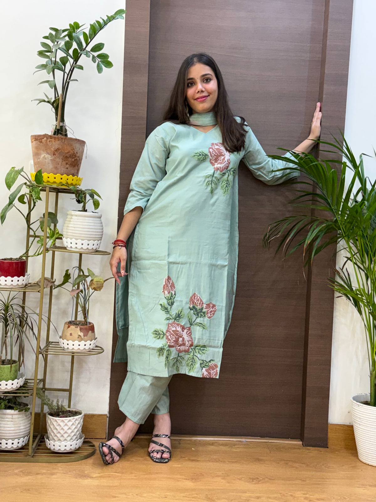 Sage Green Silk Sindhi Embroidery Dupatta Suit Set