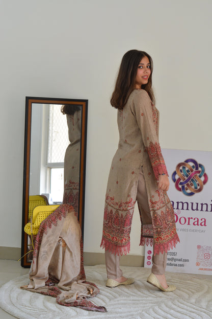 Dark Beige Dola Silk Pakistani Style Suit Set