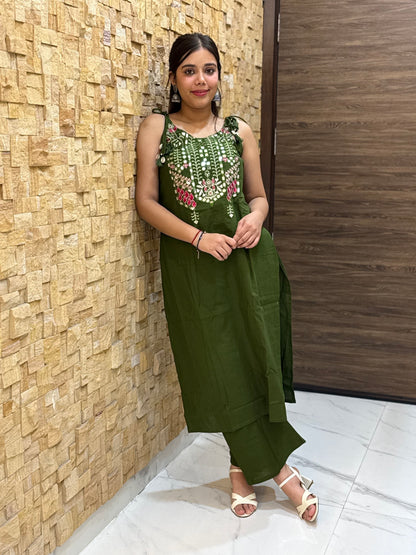 Green Cotton Embroidery with Tie Knot details Co Ord Set