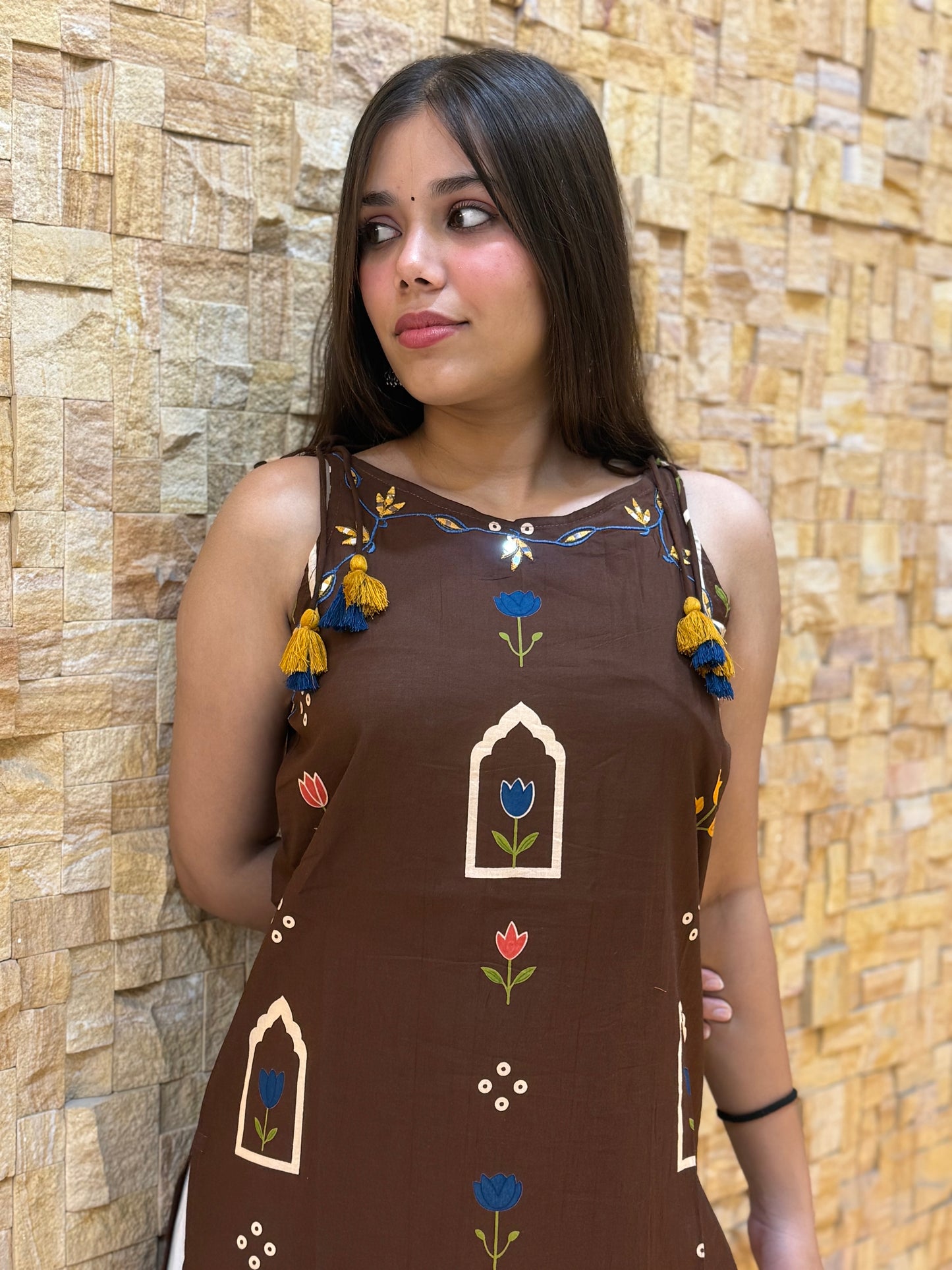 Chocolate Brown Sleeveless Cotton Kurti with Tie-Up Tassels
