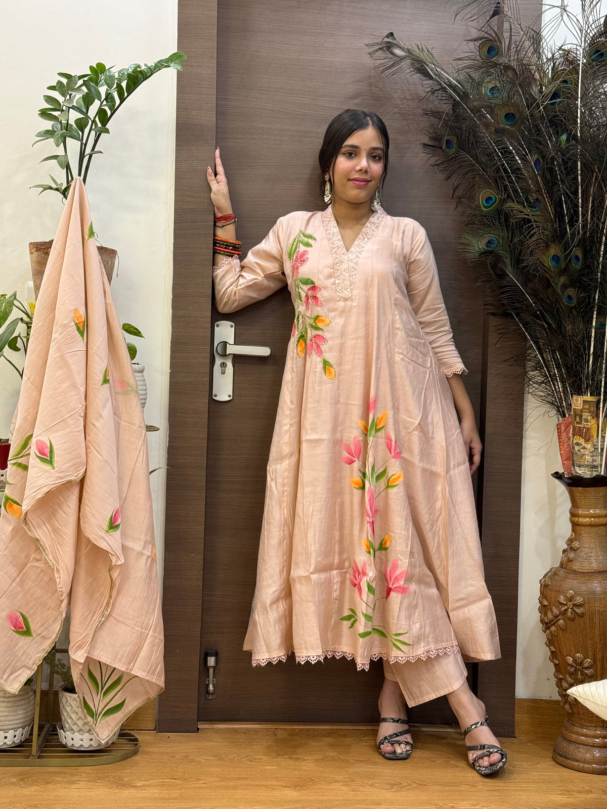 Dusty Pink Mal Chanderi Hand Painted Aline Dupatta Suit Set