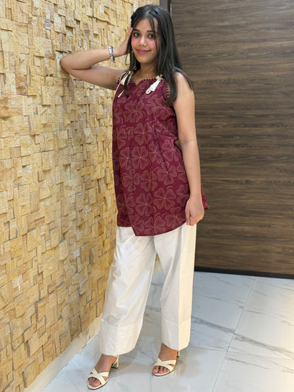 Wine Floral Print with Tie-knot Details Short Kurti