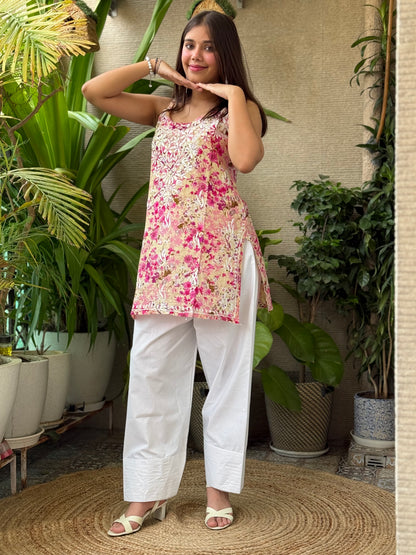 Printed Noodle Strap Chikankari Short Kurti