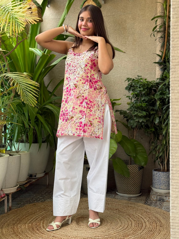 Printed Noodle Strap Chikankari Short Kurti