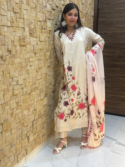 Beige Kantha Embroidery Silk with Dupatta Suit Set